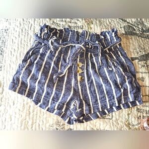 Sincerely Jules Blue Striped Linen Blend Paperbag Shorts Size Small